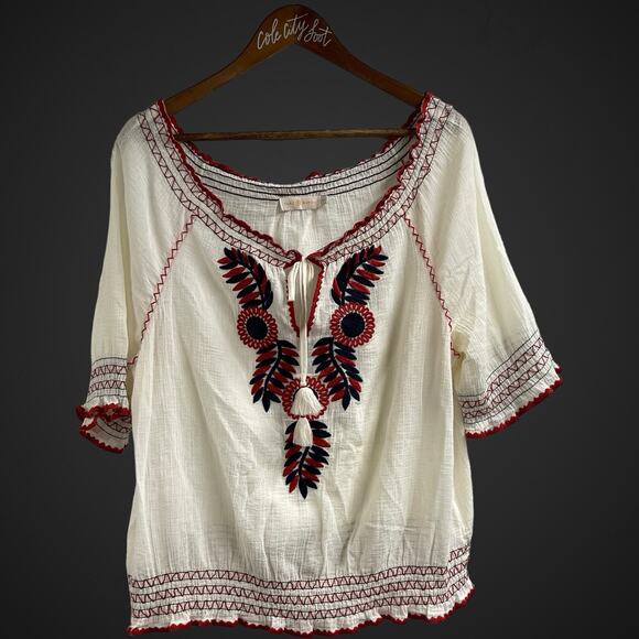 Tory Burch Mary Peasant Embroidered Top Medium Tie Front Off Shoulder Boho - Picture 1 of 6
